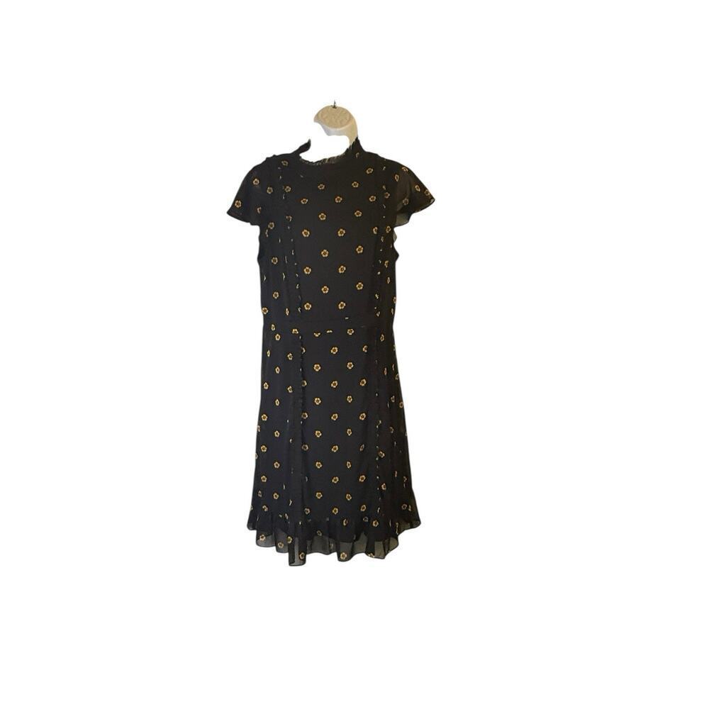 Adrianna Papell Black Floral Ruffle Hem Midi Dress Size 12 - Elegant Fit & Flare